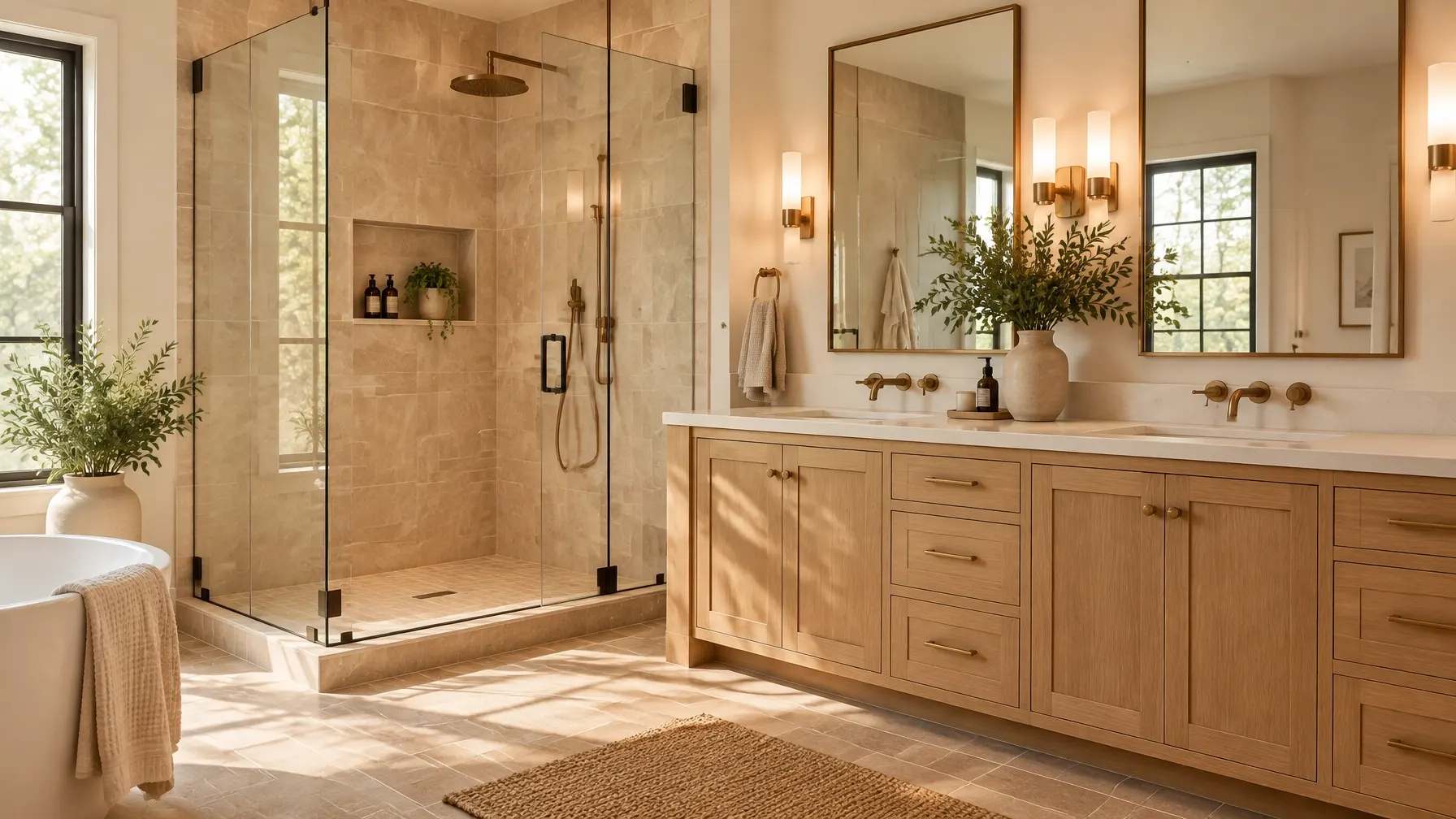 Updated bathroom with a glass shower and oak vanity
