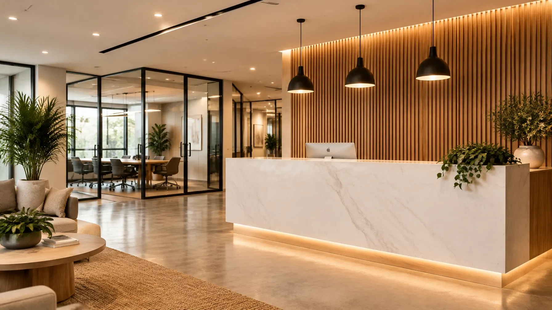 Modern commercial reception area with wood accents
