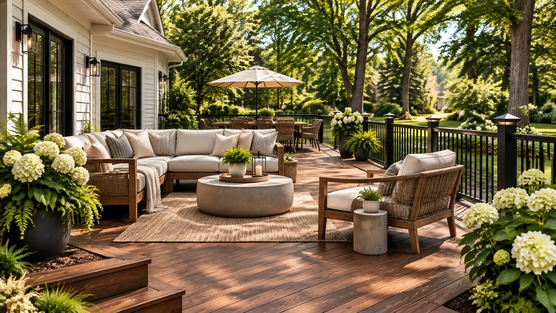 Custom backyard deck framed by a green garden