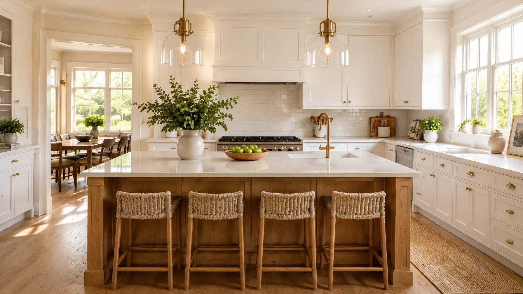 Sunlit kitchen remodel with white cabinetry and a warm oak island
